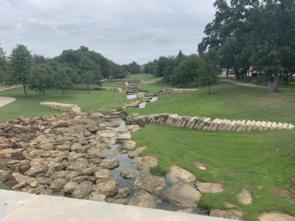 a river running through a lush green park