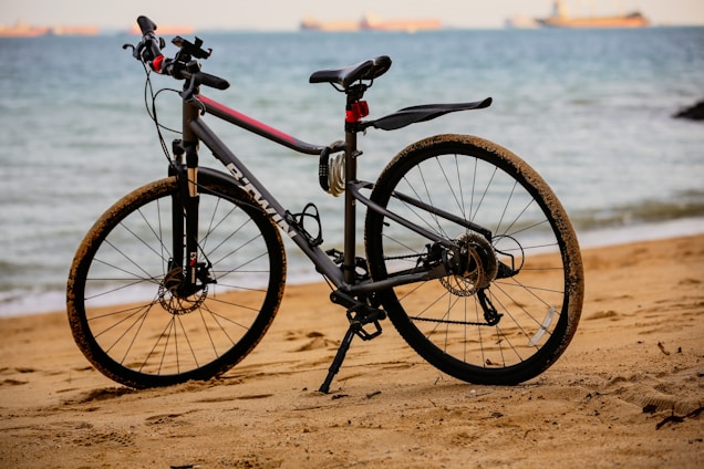A bicycle is positioned on a sandy beach with the ocean in the background. Several ships are visible on the horizon, slightly blurred by distance. The bicycle has a sleek design with a black and red color scheme, and the tires appear to have sand on them.
