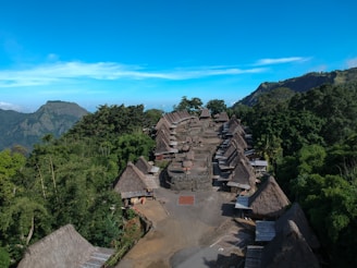 A traditional village with thatched-roof houses is nestled among lush green forests and mountains. The houses are arranged in two rows forming a path between them, and the area is surrounded by dense vegetation. The backdrop features a mountain range under a clear blue sky.