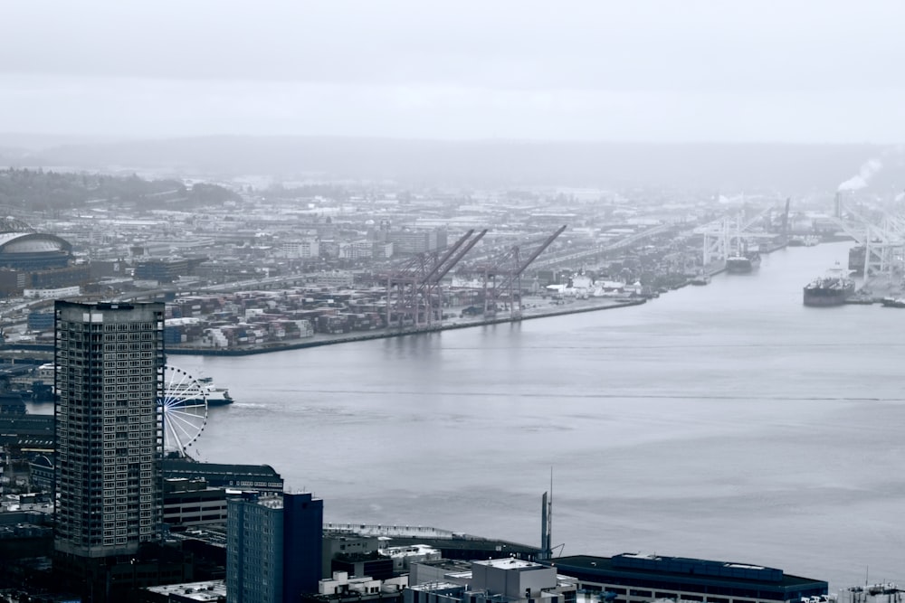 a large body of water surrounded by tall buildings