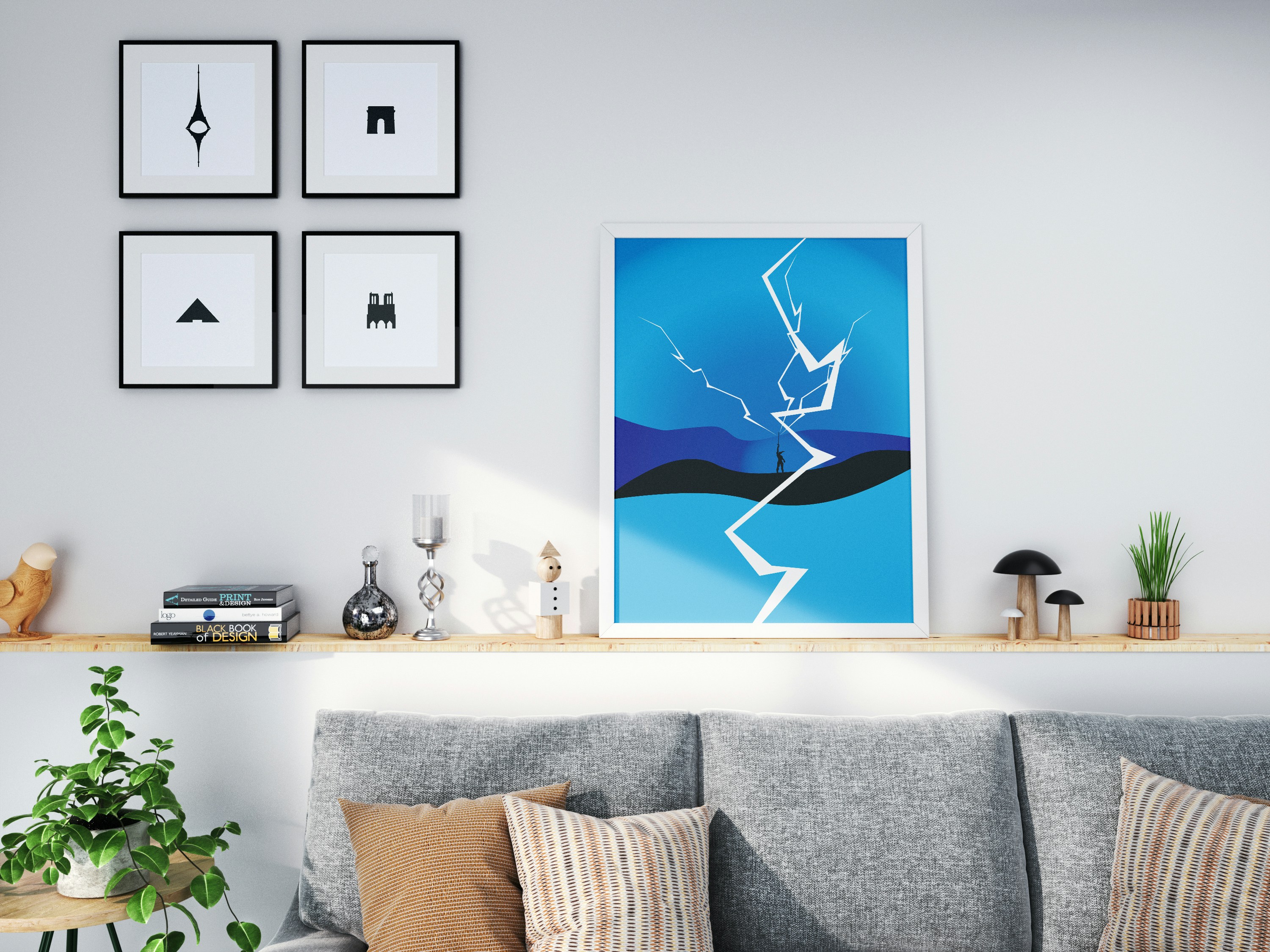 Verfrissend blauwe kussens in moderne woonkamer.