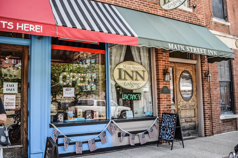 Historic storefronts along a Main Street sidewalk in Galena, Illinois