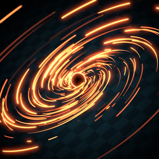 A dynamic scene with swirling bright orange light trails spiraling around a central dark sphere, set against a dark, checkered background. The light arcs create a sense of motion and energy.