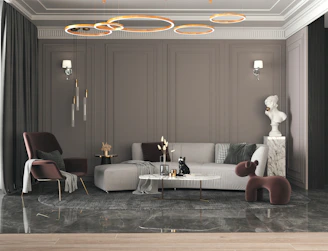 A sleek, modern living room featuring custom cabinetry, marble accents, and warm brass lighting that embodies sophisticated luxury.