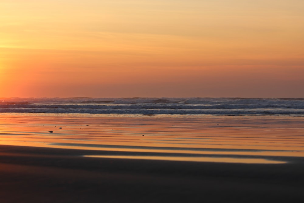 a person walking on the beach at sunset