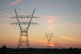 A series of large electricity pylons stretch into the distance against a backdrop of a colorful sunset, with hues of orange, pink, and purple blending into the sky. The landscape is flat, with some greenery visible at the base of the pylons.