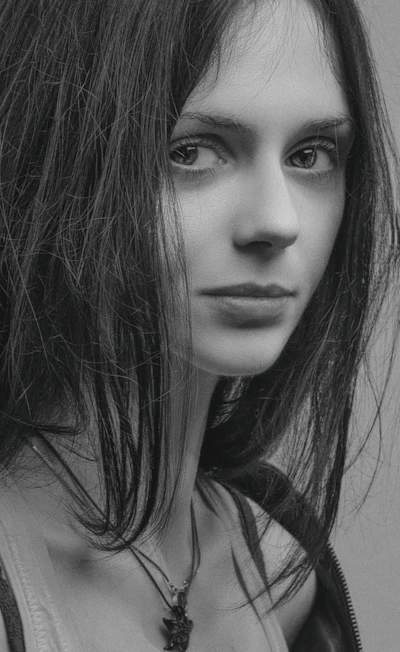 a black and white photo of a woman with long hair