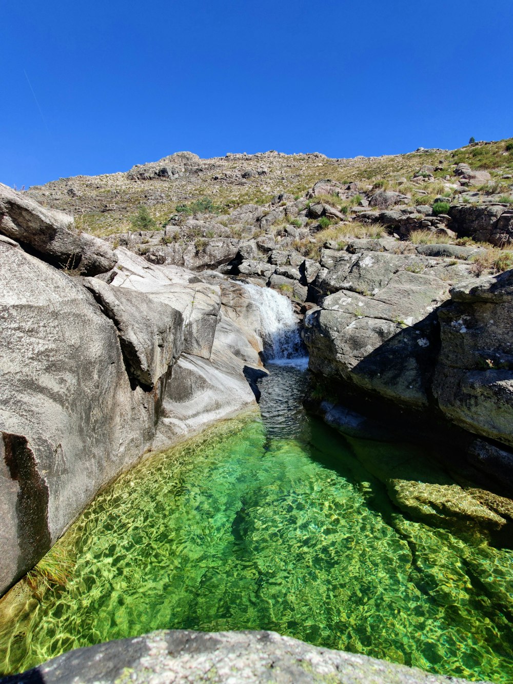 a green pool of water in a rocky area