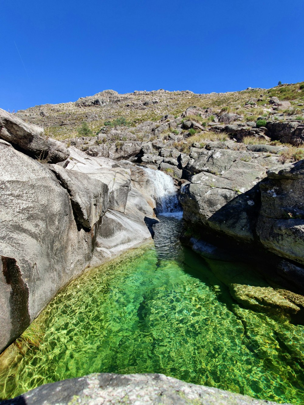 Une piscine d’eau verte dans une zone rocheuse