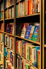 A cozy bookstore shelf filled with colorful book covers and small descriptive tags.