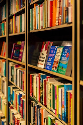 A series of shelves filled with a variety of books, featuring vibrant and diverse covers. The titles are neatly organized, displaying a range of genres and topics.