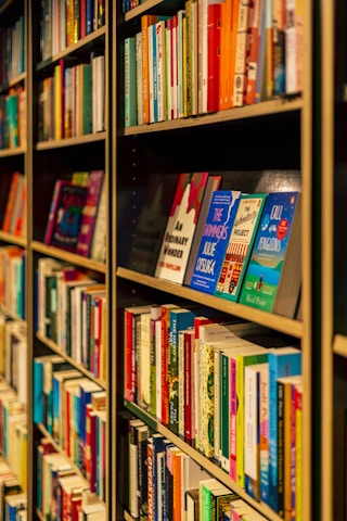 A vibrant bookshelf filled with colorful romance, fantasy, and fiction novels authored by the collective.