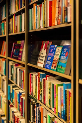 A series of shelves filled with a variety of books, featuring vibrant and diverse covers. The titles are neatly organized, displaying a range of genres and topics.