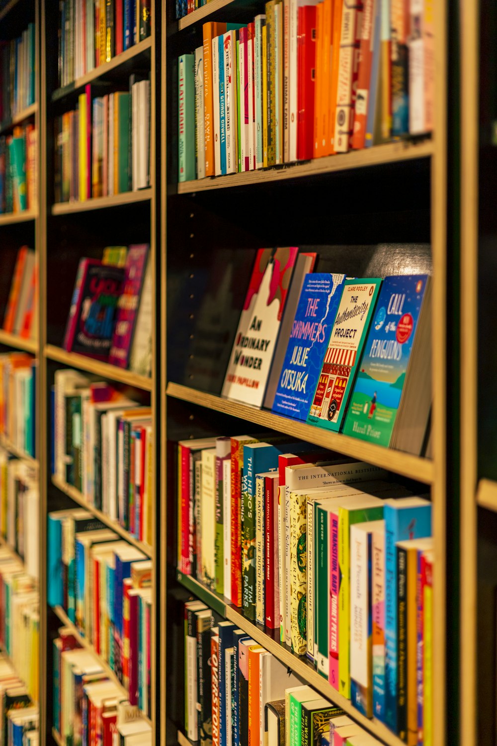 a bookshelf filled with lots of colorful books