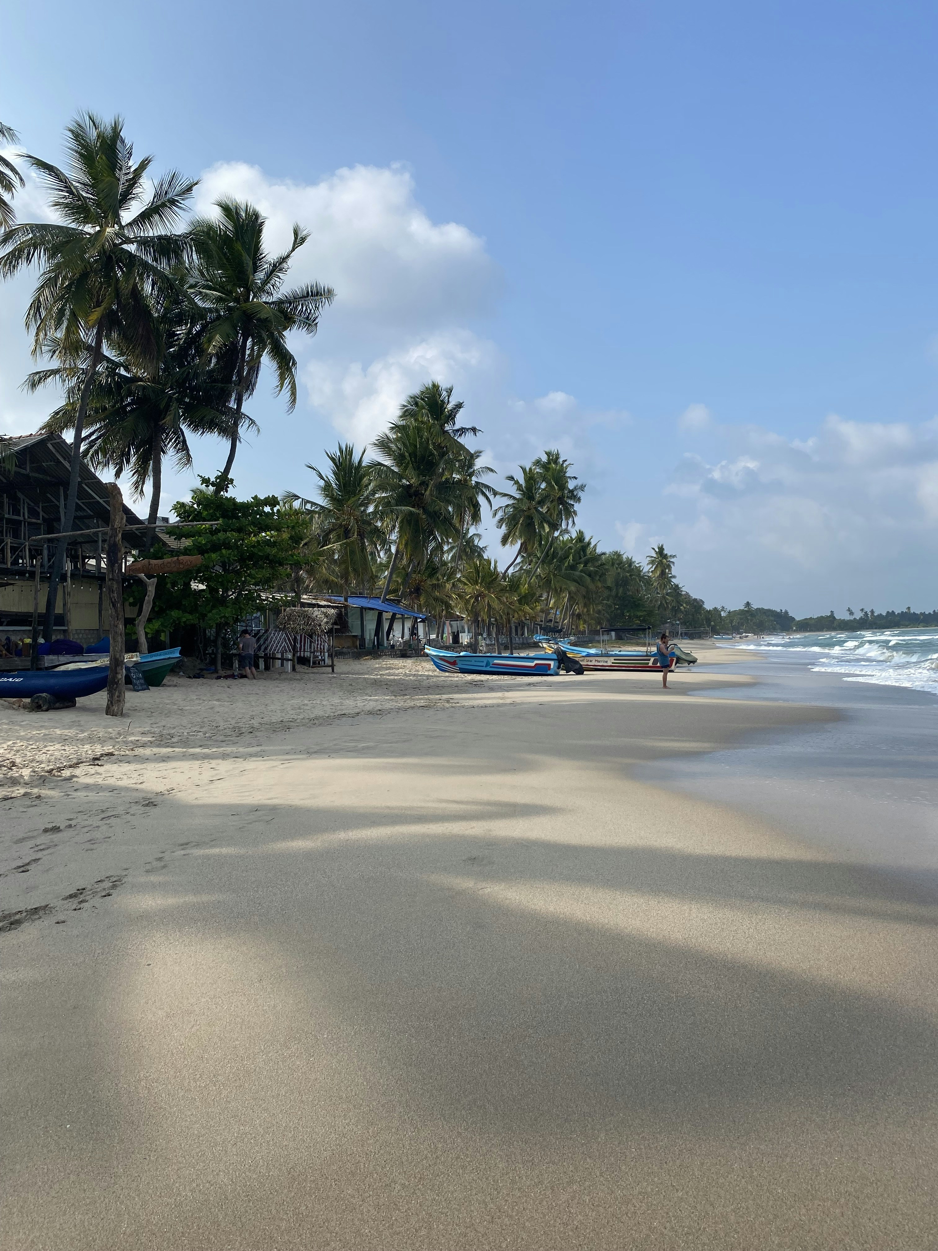 a sandy beach with boats and palm trees