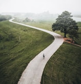 An individual walks alone on a winding path surrounded by expansive green fields. A large tree stands to the side, with misty hills and scattered houses visible in the distance, creating a serene and contemplative atmosphere.