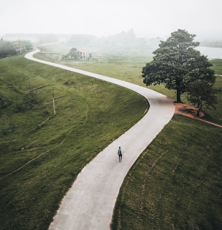 An individual walks alone on a winding path surrounded by expansive green fields. A large tree stands to the side, with misty hills and scattered houses visible in the distance, creating a serene and contemplative atmosphere.