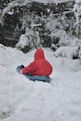 a young child sitting in the snow on a sled