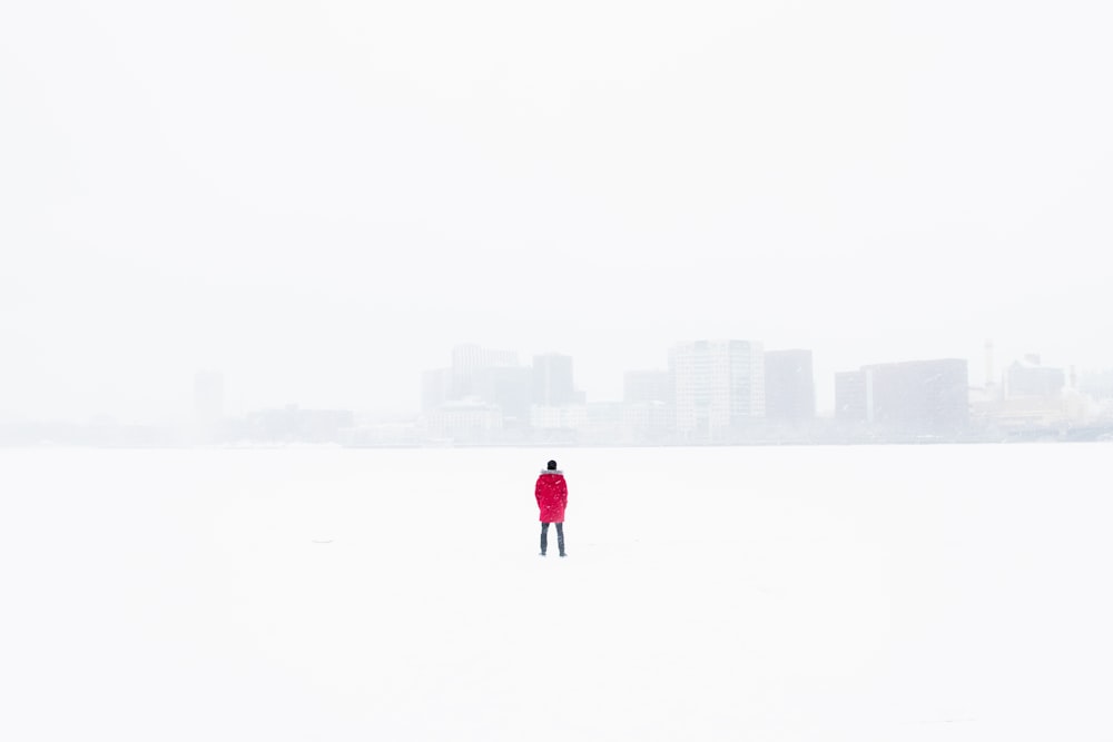 a person in a red coat standing in the snow
