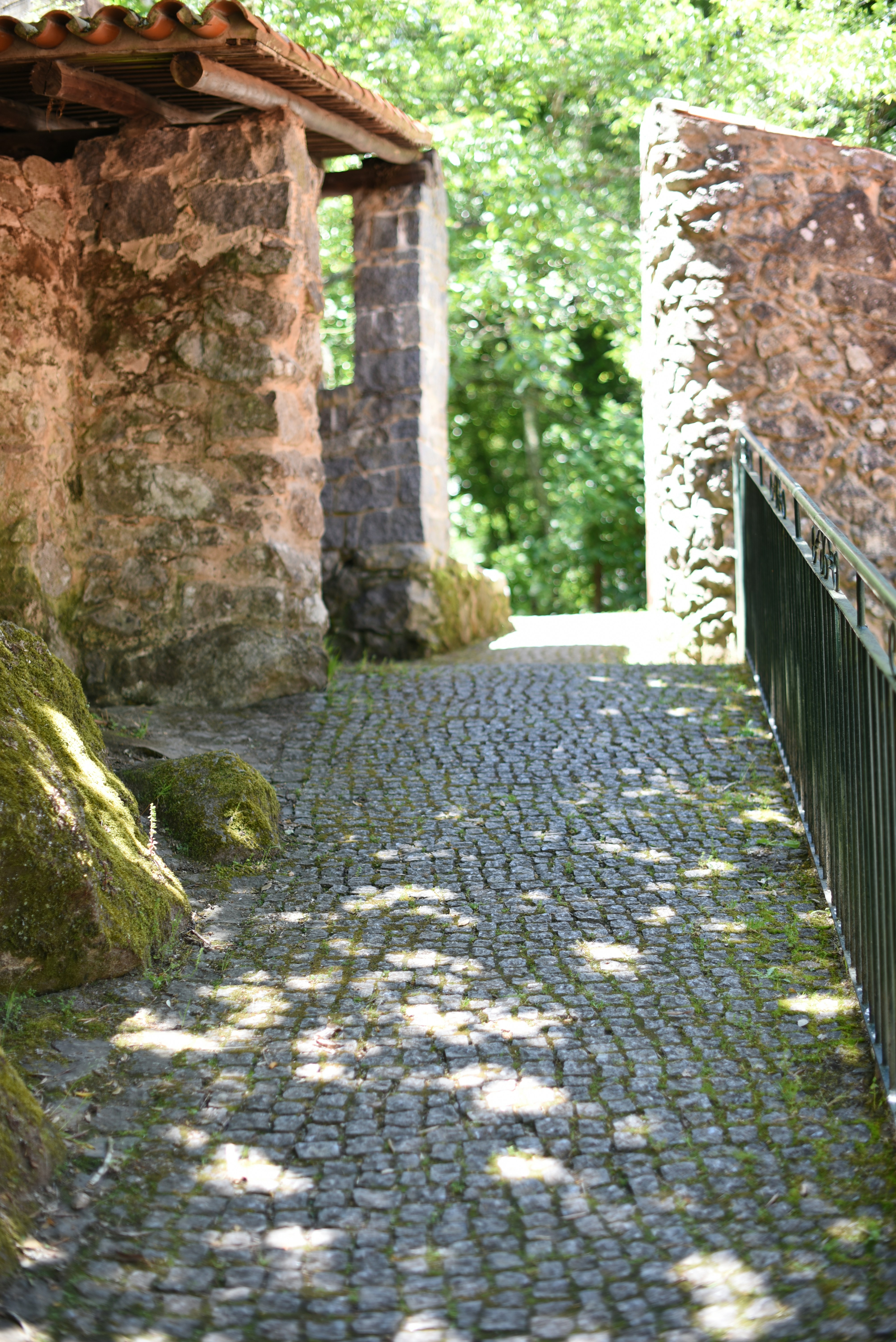 a stone walkway with a fence between two buildings