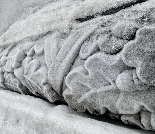 Close-up of delicate frost patterns etched on a crystal-clear ice sheet.
