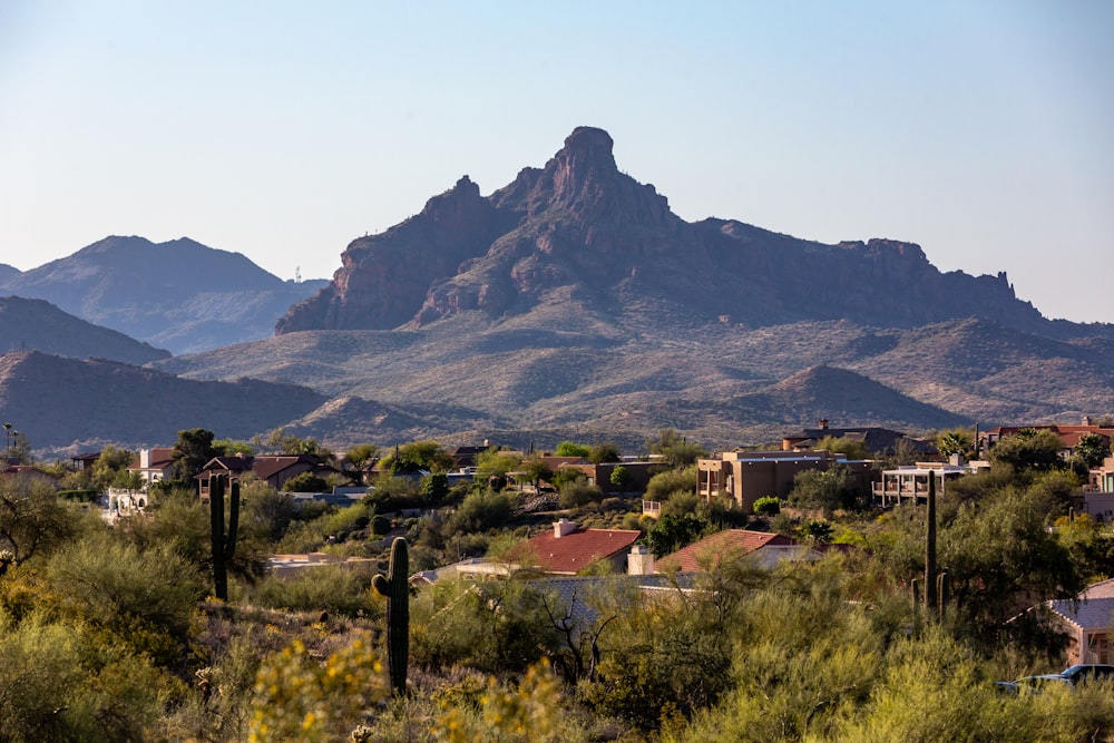 a view of a mountain range with houses in the foreground