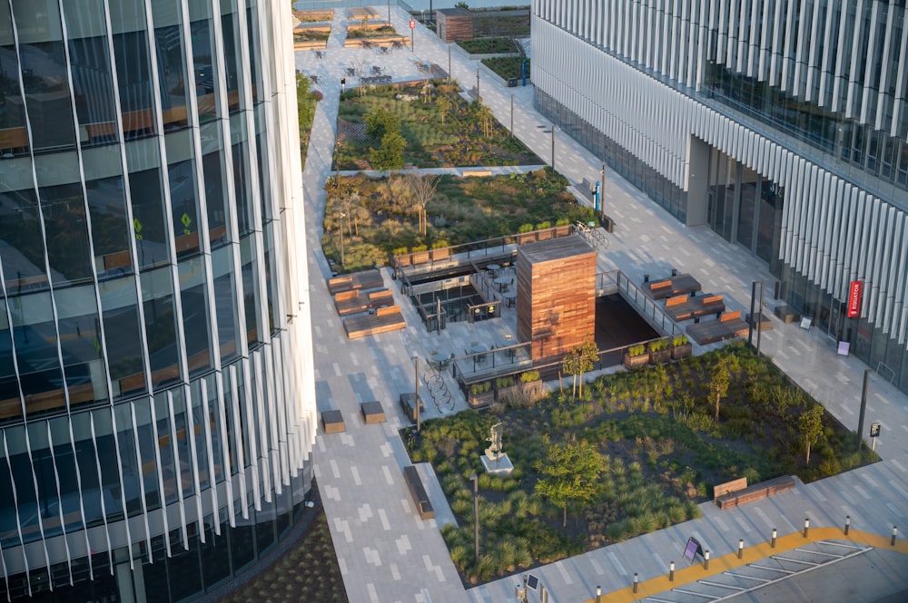 an aerial view of a building with a green roof