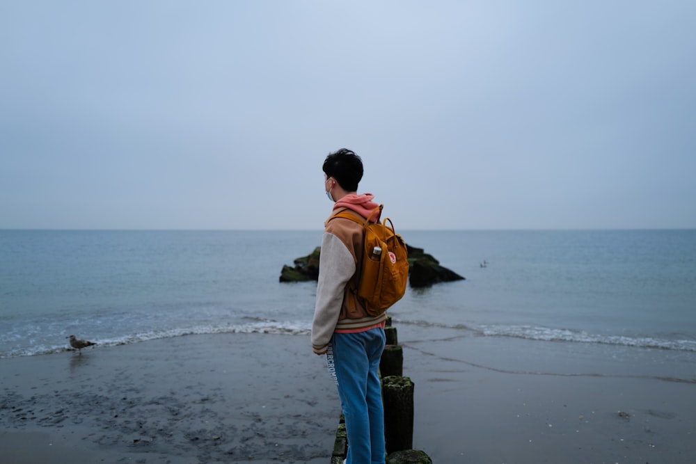 homme voyageur avec sac à dos debout sur une plage de sable au milieu des  rochers sur fond de mer 4888951 Photo de stock chez Vecteezy