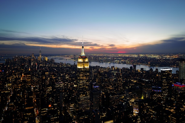 A panoramic view of a bustling city skyline at sunset.