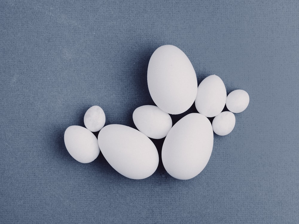 青い表面の上に座っている白い卵のグループ