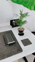 A modern, minimalistic desk setup with a plant and notebook.