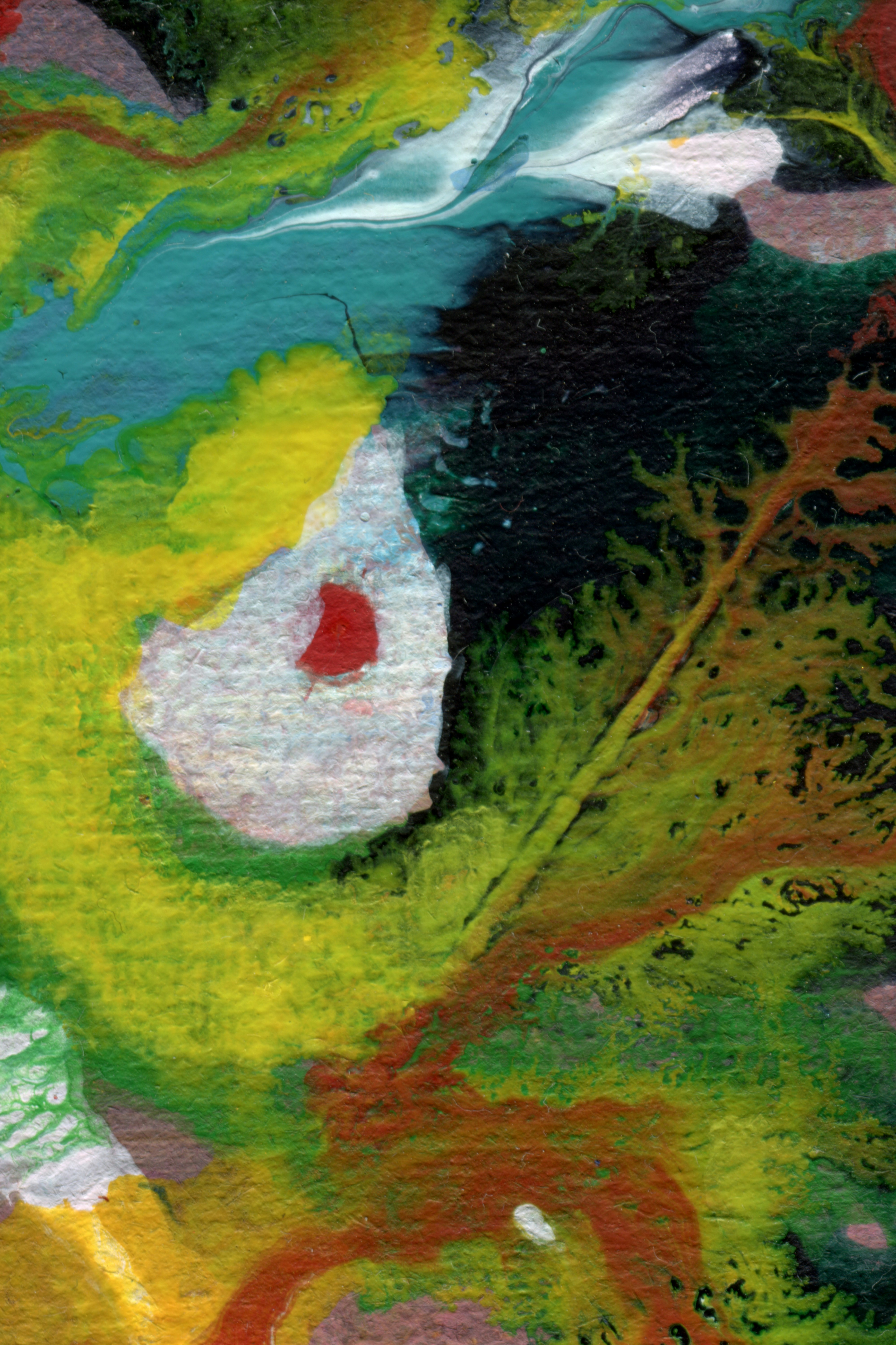 Wide panoramic abstract painting with dark tones and red accents