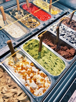 a display case filled with different types of ice cream
