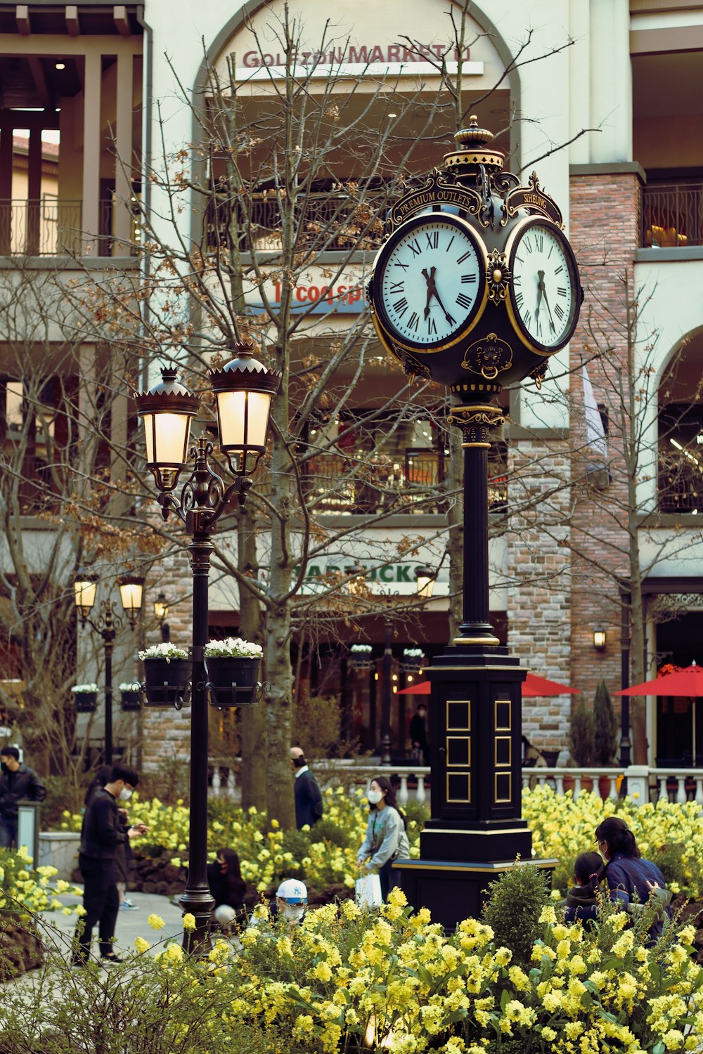 a clock in the middle of a flower garden