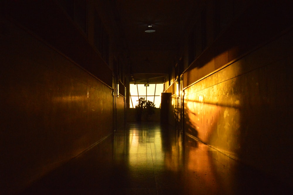 a dark hallway with light coming through the windows