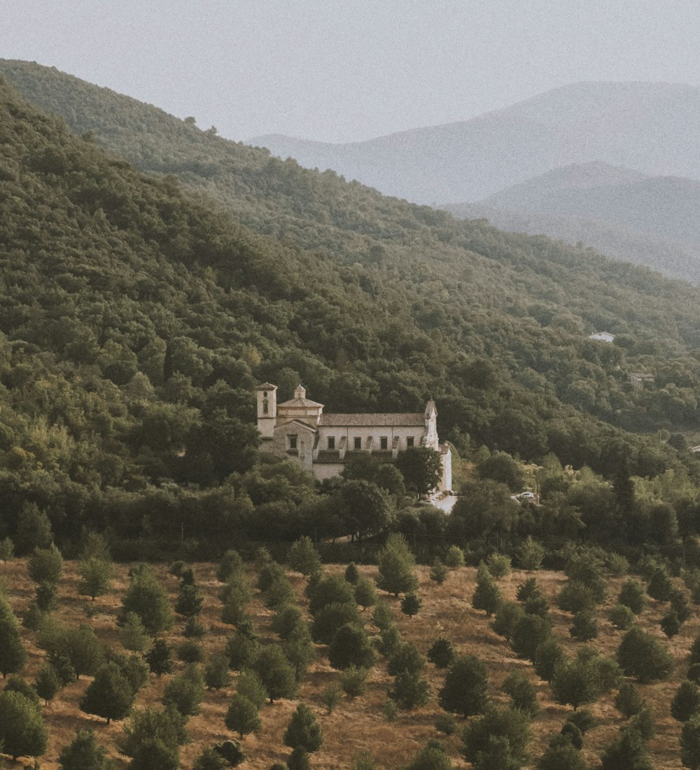 a large white building sitting on top of a lush green hillside