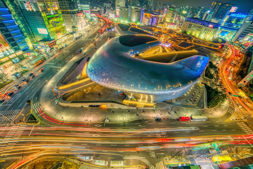 an aerial view of a city at night