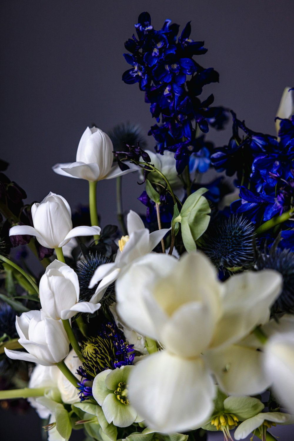 a bouquet of white and blue flowers in a vase