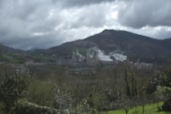 An industrial facility is producing smoke amidst a scenic landscape featuring rolling hills and dense clouds. The facility is surrounded by greenery with a backdrop of mountains. The sky is overcast, adding to the moody atmosphere.