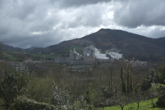 An industrial facility is producing smoke amidst a scenic landscape featuring rolling hills and dense clouds. The facility is surrounded by greenery with a backdrop of mountains. The sky is overcast, adding to the moody atmosphere.
