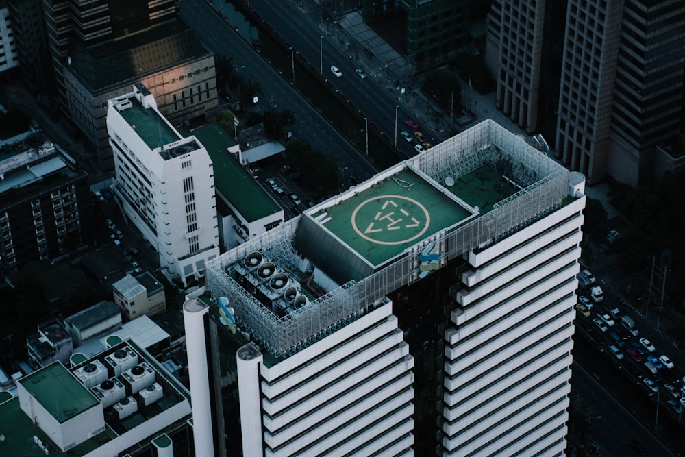 an aerial view of a city with tall buildings