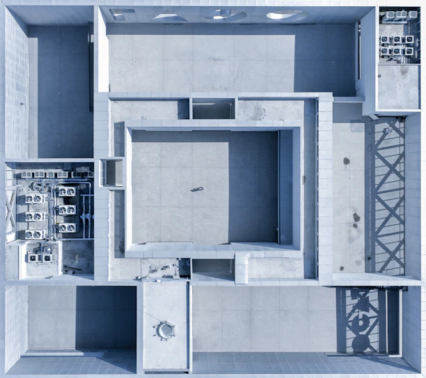 an overhead view of a building with a lot of electrical equipment