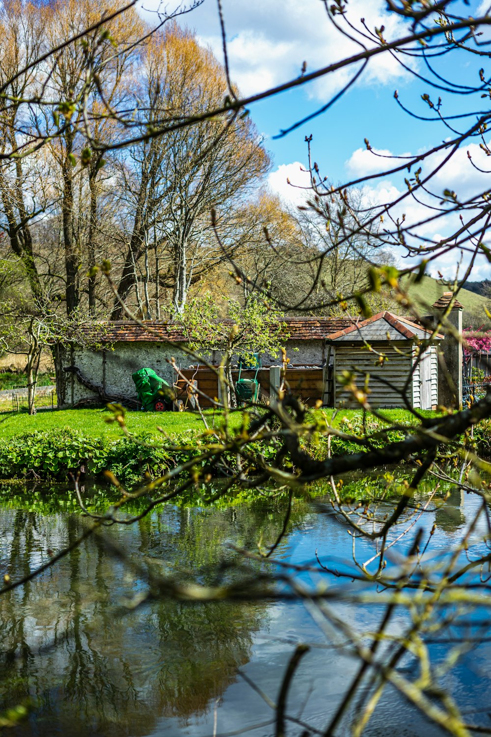 a pond with a house in the background