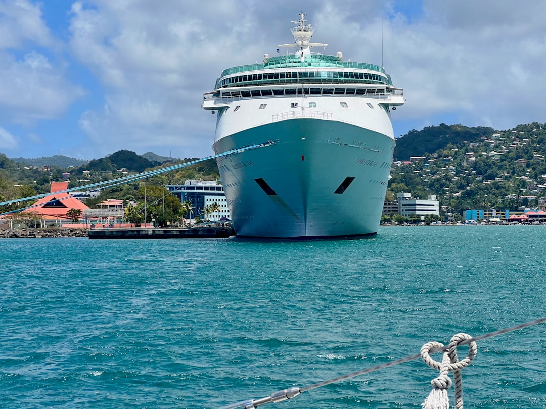 a large cruise ship docked in a harbor,