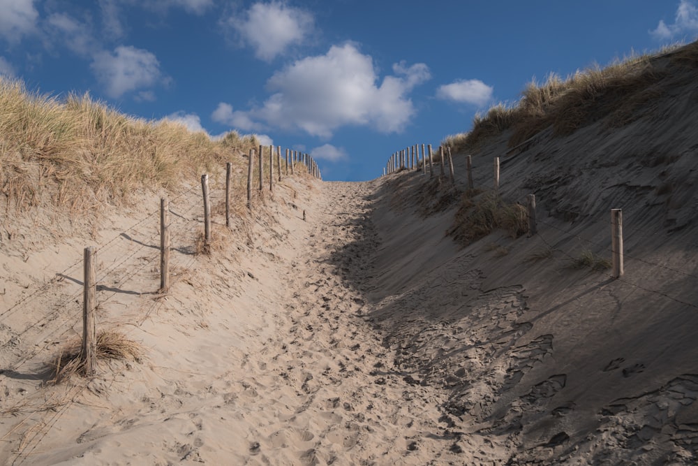 a sandy beach with a fence and sand dunes