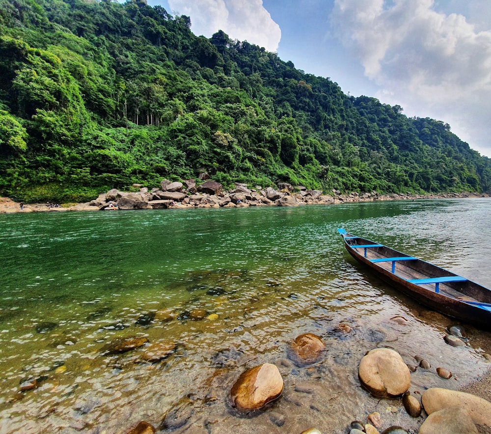 a boat is sitting on the shore of a river