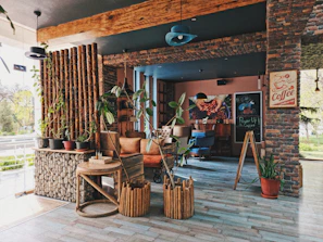 Cozy cafe interior with exposed brick wall adding rustic charm and character