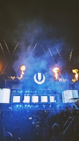 A vibrant night scene with a large electronic music festival stage featuring bright lights, pyrotechnics, and a crowd of people. Flames shoot up from the stage, and beams of colorful lights illuminate the surroundings. The excitement and energy are palpable, conveyed by the cheering audience and dynamic visual effects.