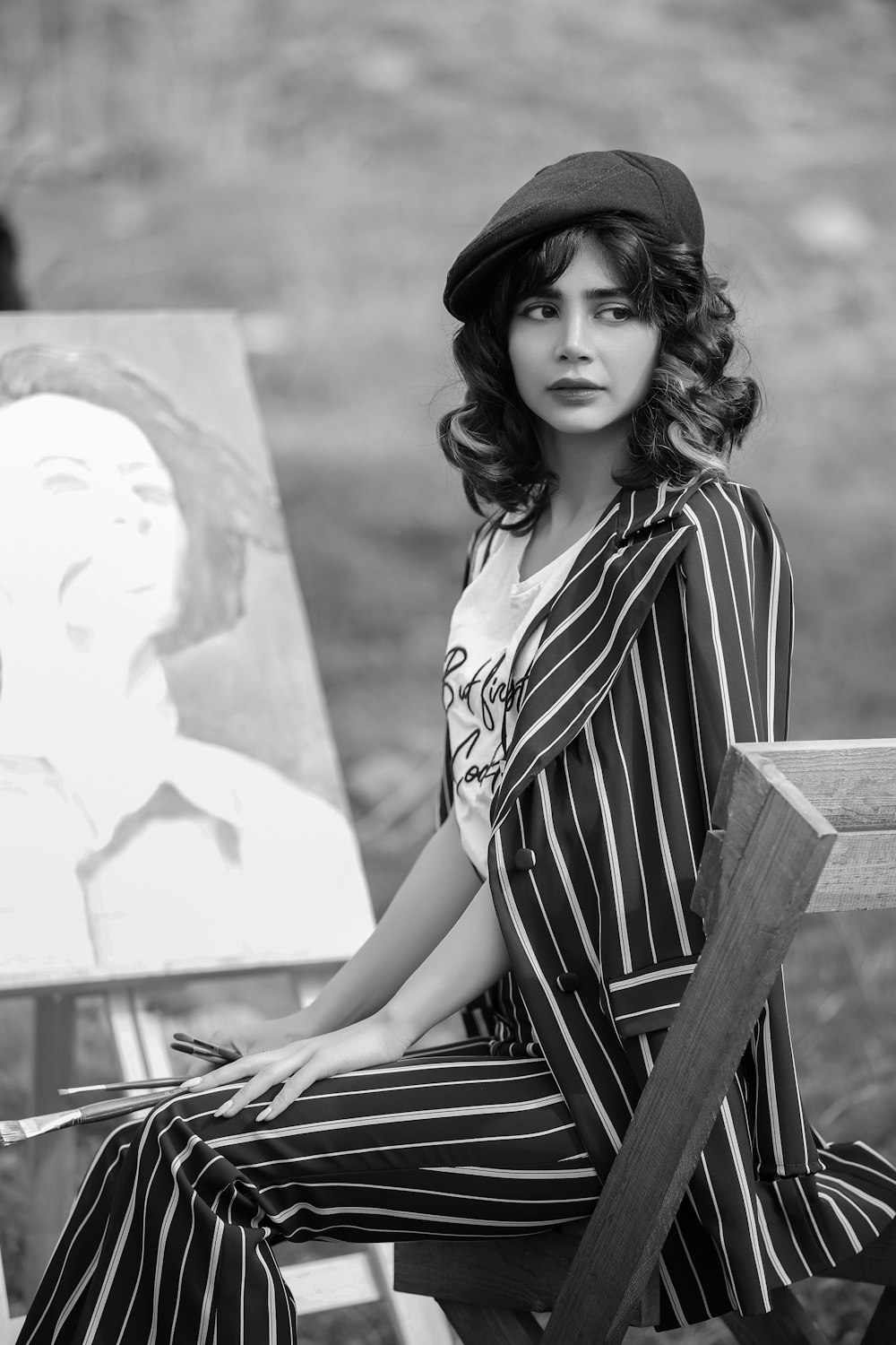 a black and white photo of a woman sitting on a bench