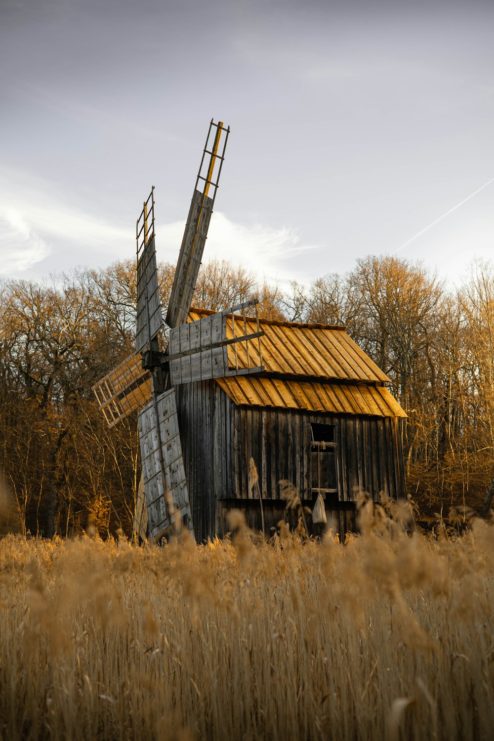 a windmill in the middle of a field of tall grass